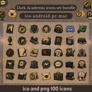 May include: A set of 36 Dark Academia-themed icons in a vintage style. The icons include a compass, headphones, a camera, a typewriter, and a map. The text at the top reads "Dark Academia icons set bundle" and "ios-android-pc-mac". The bottom text reads "ico and png 100 icons".