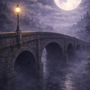 Pode incluir: Uma ponte de pedra arqueia-se sobre um rio nebuloso sob a lua cheia. Um lampi&atilde;o aceso est&aacute; sobre a ponte, projetando um brilho quente. A cena evoca mist&eacute;rio e tranquilidade, com &aacute;rvores margeando o rio.