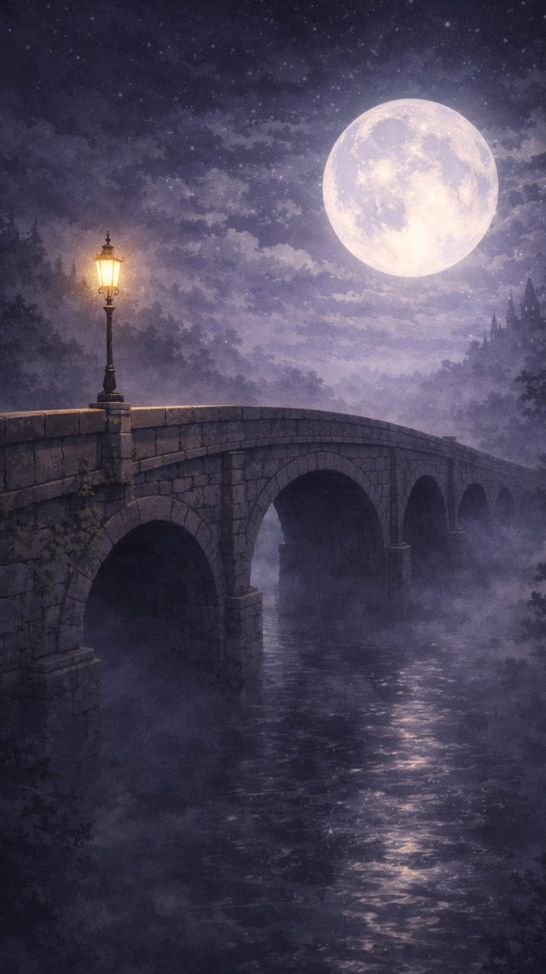 Pode incluir: Uma ponte de pedra arqueia-se sobre um rio nebuloso sob a lua cheia. Um lampi&atilde;o aceso est&aacute; sobre a ponte, projetando um brilho quente. A cena evoca mist&eacute;rio e tranquilidade, com &aacute;rvores margeando o rio.