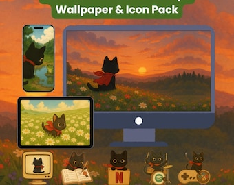 Black Cat Wallpaper & Folder Icons, Desktop Theme (Digital Download)