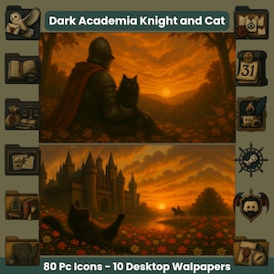 Dark Academia Desktoppictogrammen en achtergronden Gothic Aesthetic PC Icon Pack, mappictogrammen, computerachtergrondset, bureaubladthema kattenbehang