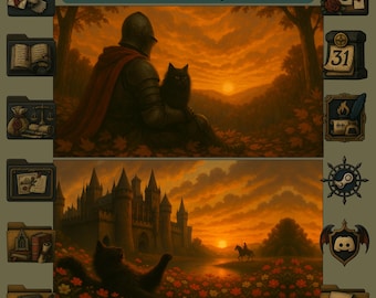 Dark Academia Desktop Theme: Gothic Knight, Cat Icons & Wallpapers (Digital Download)