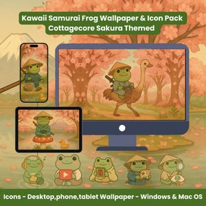 Kawaii Samurai Frog Icon Pack & Desktop Wallpaper Set | Desktop Icons and Phone Tablet Wallpapers Cottagecore Aesthetic | Windows - Mac