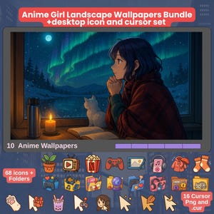 May include: Digital art bundle showing an anime girl looking out a window at a night landscape with aurora borealis. Includes 10 wallpapers, 68 icons, and 16 cursor PNG and CUR files. The image text reads "Anime Girl Landscape Wallpapers Bundle +desktop icon and cursor set."
