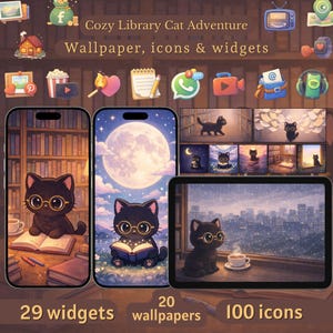 May include: Digital artwork showcasing a black cat in glasses, with a library theme. The image includes phone and tablet screens displaying wallpapers, icons, and widgets. The text reads "Cozy Library Cat Adventure, Wallpaper, icons & widgets, 29 widgets, 20 wallpapers, 100 icons."