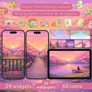 Pode incluir: Arte digital com uma paisagem primaveril pastel de sonho com flores de cerejeira, uma estrada e um lago. A imagem inclui ecrãs de telefone e tablet que exibem papéis de parede, ícones e widgets. O texto inclui "Dreamy Pastel Spring Landscape", "Wallpaper, icons & widgets", "29 widgets", "20 wallpapers" e "60 icons".