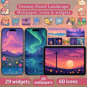 Fondos de pantalla y widgets de aplicaciones con colores pastel de ensueño para iOS y Android / Paquete estético / Tema kawaii para teléfono