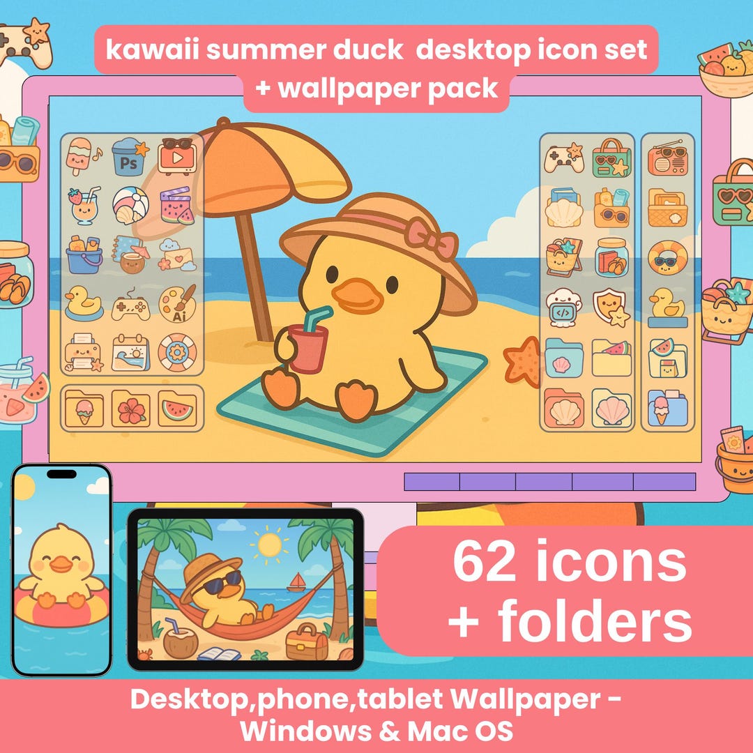 Kawaii Summer Duck Desktop Wallpaper & Icons – Organizer Bundle