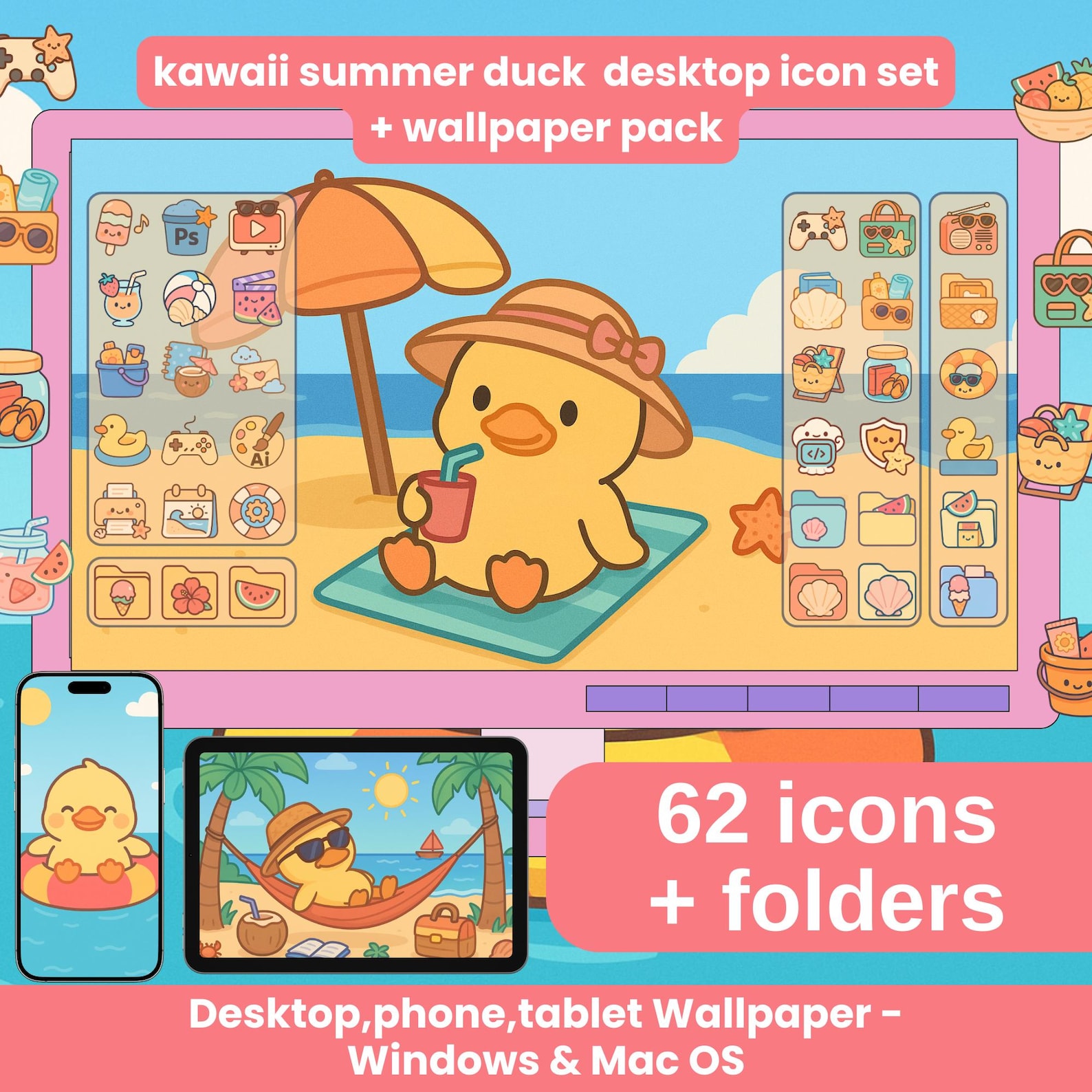 Kawaii Summer Duck Desktop Wallpaper & Icons – Organizer Bundle