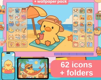 Kawaii Summer Duck Desktop Wallpaper & Icons – Organizer Bundle (Digital Download)