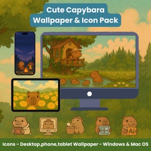 Cute Capybara Wallpaper - Icon Pack | Cottagecore Desktop Aesthetic | PC, Mac, iPad, iPhone Theme | Folder Icons - Backgrounds