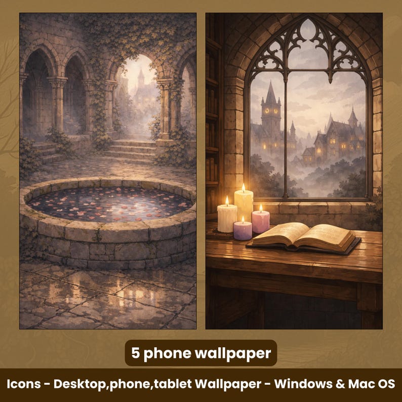 Pode incluir: Dois pap&eacute;is de parede de arte digital. Um retrata um p&aacute;tio de pedra com uma piscina circular e passagens arqueadas. O outro mostra uma vista de um castelo atrav&eacute;s de uma janela, com velas e um livro aberto. Texto: "5 pap&eacute;is de parede para telem&oacute;vel".