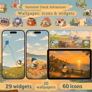 Op de afbeelding: Digitale kunst met een zomerthema, met een eendenkarakter en diverse digitale elementen. De afbeelding bevat telefoon- en tabletschermen met wallpapers, iconen en widgets. De tekst luidt "Summer Duck Advanture Wallpaper, icons & widgets", met tellingen voor widgets, wallpapers en iconen.