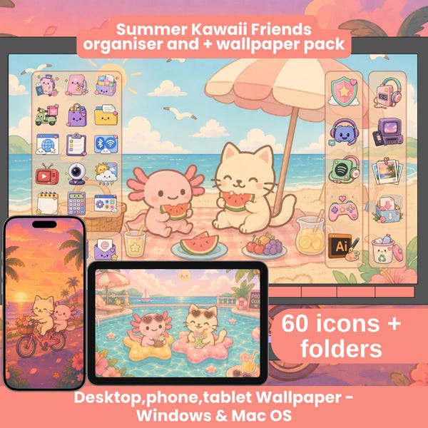 Pakiet tapet na pulpit Summer Kawaii: ikony kota i aksolotla (do pobrania w wersji cyfrowej)