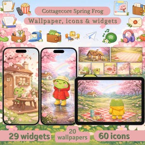 Könnte beinhalten: Digitales Kunstwerk mit einem Cottagecore-Frühlingsfrosch-Thema. Das Bild zeigt Handy- und Tablet-Hintergründe, Symbole und Widgets mit einem rosa Kirschblütenhintergrund. Der Text lautet "Cottagecore Spring Frog Wallpaper, icons & widgets" mit 29 Widgets, 20 Hintergrundbildern und 60 Symbolen.