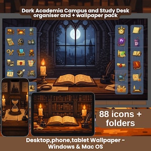 May include: Digital wallpaper pack with a dark academia theme. The image features a study desk with an open book, candles, and a quill. Includes icons and folders for desktop, phone, and tablet. The text reads "Dark Academia Campus and Study Desk organiser and + wallpaper pack."