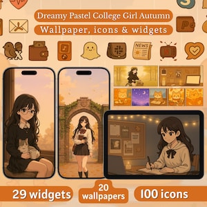 Íconos de aplicaciones y fondos de pantalla de otoño de ensueño para iPad, Android, tema iOS con estética otoñal acogedor, widgets, íconos kawaii para teléfono.