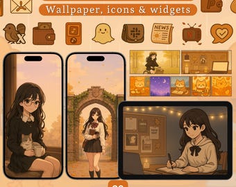 May include: A digital collection of autumn-themed smartphone and tablet wallpapers, icons, and widgets featuring anime-style illustrations of a person with long dark hair, cats, and cozy study scenes, with text reading Dreamy Pastel College Girl Autumn.