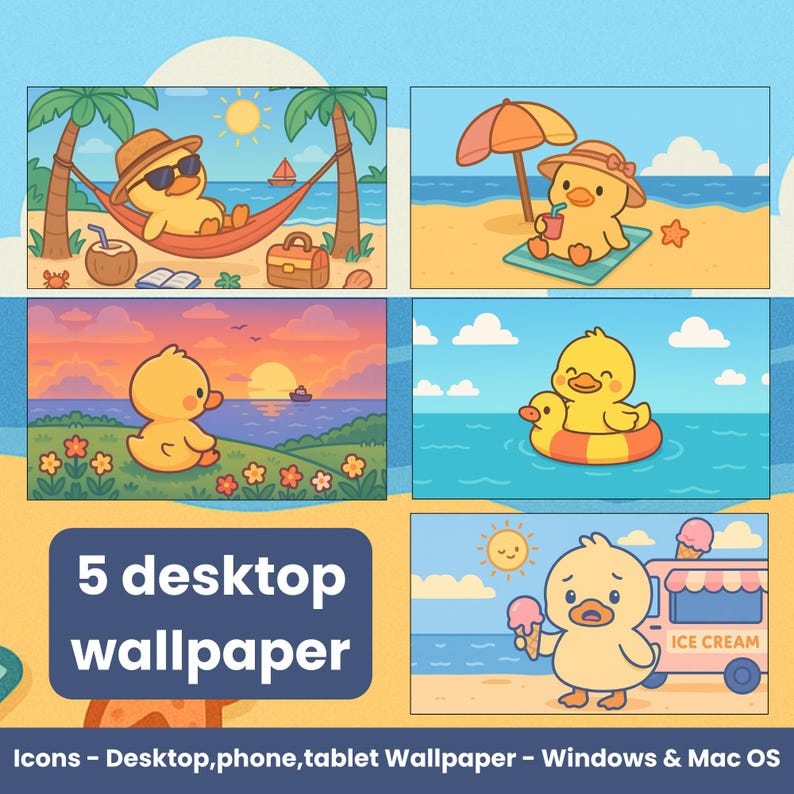 Kawaii Summer Duck Desktop Wallpaper & Icons – Organizer Bundle