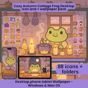 May include: A digital desktop wallpaper pack with a cozy autumn cottage theme. The image features a cartoon frog character, pumpkins, candles, and a cauldron. The pack includes 88 icons and folders, and is compatible with Windows and Mac OS.