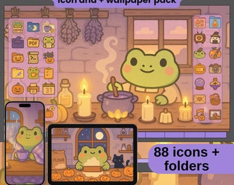 Papel de parede e ícones Cottagecore Frog para desktop: Tema Kawaii de Outono (Download Digital)