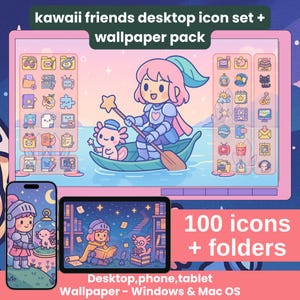 Kawaii Fantasy bureaubladpictogrammen en achtergrond: magische computerorganizerset (digitale download)