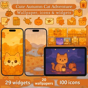 Può includere: Un set di arte digitale a tema autunnale con un gatto arancione. Il set include 29 widget, 20 sfondi e 100 icone. L'immagine mostra un telefono e un tablet che mostrano i disegni a tema gatto, con zucche e foglie autunnali.