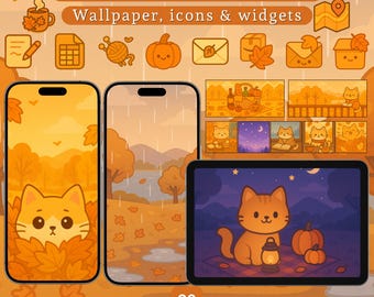 May include: A digital art set featuring a cute orange cat in an autumn theme. The set includes 29 widgets, 20 wallpapers, and 100 icons. The image shows a phone and tablet displaying the cat-themed designs, with pumpkins and fall leaves.