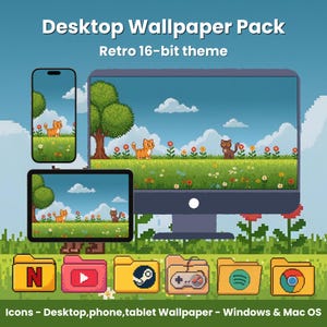 16-Bit Y2k Desktop Icons & Desktop Wallpaper | Pixel Art Desktop, Phone, Tablet Wallpapers | Retro Game Computer Wallpaper Windows / Mac