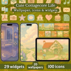 Puede incluir: Fondos de pantalla, iconos y widgets digitales con temática cottagecore. La imagen muestra un teléfono y una tableta que muestran una escena de cabaña, un camino y un columpio en el porche. El texto dice "Cute Cottagecore Life" y "29 widgets, 20 fondos de pantalla, 100 iconos."