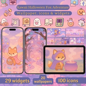 Puede incluir: Ilustración digital con el tema Kawaii Halloween Fox Adventure. La imagen muestra pantallas de teléfono y tableta con fondos de pantalla, iconos y widgets. El diseño incluye un lindo personaje de zorro con una capa morada, junto con iconos temáticos de Halloween.