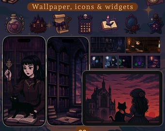 Dark Academia Cat Girl Wallpaper – Gothic-apppictogrammen en -widgets (digitale download)