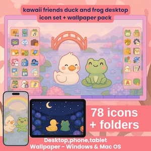 Kawaii Duck and Frog Desktop Icon Set + Wallpaper | Cute Aesthetic Desktop Icons, Folder Icons, Phone - Tablet Wallpapers, PC - Mac Theme