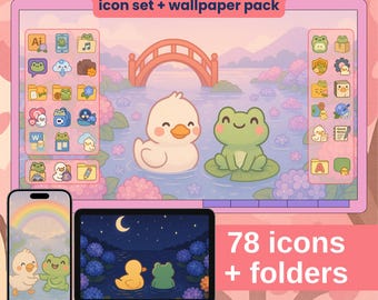 Kawaii Duck and Frog Desktop Organizer Icon Set Desktop Wallpaper Cute Desktop Aesthetic Folder icons Desktop Theme Phone Tablet Wallpapers