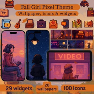Può includere: Tema pixel art con un'estetica da ragazza autunnale. L'immagine mostra schermi di telefoni e tablet con sfondi, icone e widget pixelati. Il tema include 29 widget, 20 sfondi e 100 icone. La tavolozza dei colori include arancione, rosso e blu.