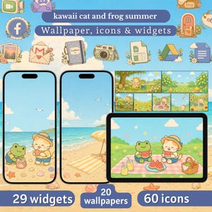 Kawaii-Katze-Frosch-Sommerdesign | iPhone- und iPad-Icons, Widgets, Hintergrundbild (Digitaler Download)