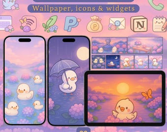 Tema para móvil de pato kawaii: iconos, fondos de pantalla y widgets en tonos pastel (descarga digital)
