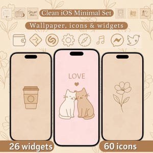 Pode incluir: Três maquetes de iPhone com fundos e ícones diferentes. A maquete da esquerda tem um fundo bege com um ícone de xícara de café. A maquete do meio tem um fundo rosa com um coração de amor e dois gatos. A maquete da direita tem um fundo bege com um ícone de flor. O texto "Clean iOS Minimal Set" está no topo da imagem. O texto "Wallpaper, icons & widgets" está abaixo do título. O texto "26 widgets" está abaixo da maquete da esquerda. O texto "60 icons" está abaixo da maquete da direita.