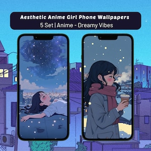 Aesthetic Anime Girl Phone Wallpapers - 5 Cozy - Dreamy Digital Backgrounds | Soft - Relaxing Anime Art | Instant Download