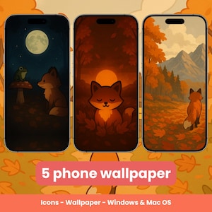 May include: Three smartphones displaying autumn-themed wallpapers with cartoon foxes. One shows a fox with a frog, another a fox at sunset, and the third a fox in a forest. The text "5 phone wallpaper" is displayed below the phones.