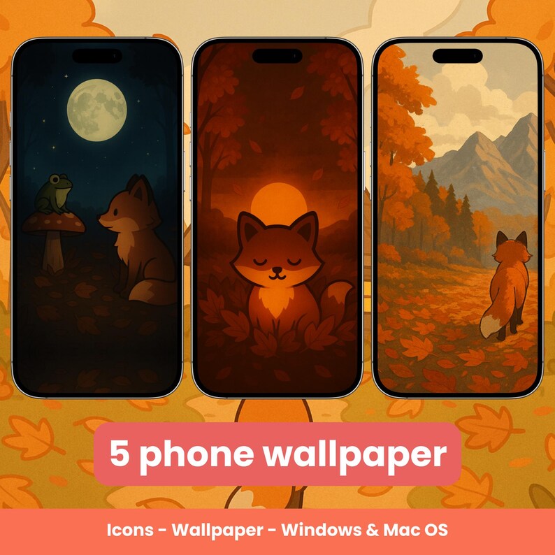May include: Three smartphones displaying autumn-themed wallpapers with cartoon foxes. One shows a fox with a frog, another a fox at sunset, and the third a fox in a forest. The text "5 phone wallpaper" is displayed below the phones.
