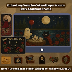 Dark Academia Icons Wallpaper Set | Desktop vampierkat, telefoonachtergrond tablet | Borduurstijlmappictogrammen, computerthema, pc en Mac