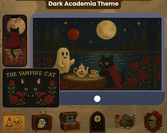 Papel de parede bordado de gato vampiro e ícones de pasta | Tema Dark Academia (Download digital)