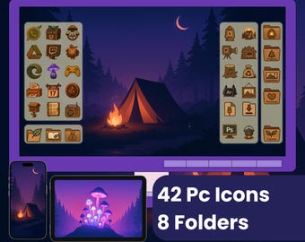 May include: A digital art pack featuring a minimalist nature theme. The image shows a desktop computer, a tablet, and a smartphone, all displaying a forest scene with a tent and campfire. The pack includes 42 PC icons and 8 folders.