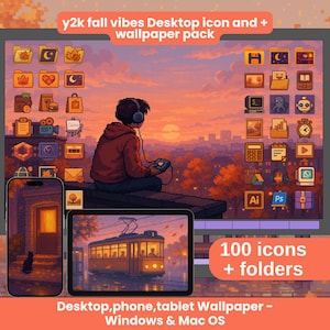 Puede incluir: Ilustración digital que presenta un escritorio, un teléfono y una tableta con una estética otoñal. El escritorio muestra iconos y un paisaje urbano, mientras que el teléfono y la tableta muestran imágenes complementarias. Incluye el texto "y2k fall vibes" y "100 icons + folders."
