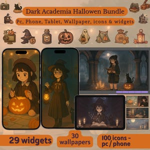 ダークアカデミアのハロウィンデスクトップテーマと携帯電話とiPadの壁紙、Macbookアイコン、iOSアプリアイコンパック、秋のアプリアイコンとデスクトップアイコン