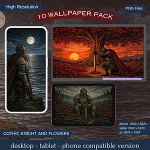 Può includere: Un pacchetto di sfondi digitali con illustrazioni di cavalieri gotici. Il pacchetto include immagini per telefono, tablet e desktop. L'opera d'arte raffigura un cavaliere in armatura in vari contesti, con il testo "10 WALLPAPER PACK".
