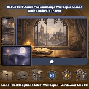 May include: Digital wallpaper and icons with a Gothic Dark Academia theme. The image shows a desktop, phone, and tablet displaying gothic landscape scenes. The icons include a skull folder, Discord logo, treasure chest, and Adobe Photoshop and Illustrator logos.