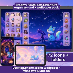 May include: A digital organizer and wallpaper pack featuring a blue fox theme. Includes 72 icons and folders for desktop, phone, and tablet. The graphics display a starry night sky, a fox with a telescope, and a fox resting on a cloud with a rainbow.