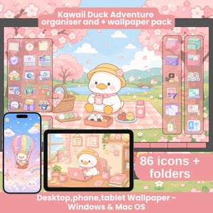 Peut inclure: Illustration numérique d'un canard mignon dans un cadre de pique-nique, avec des cerisiers en fleurs et un ciel bleu. L'image comprend un téléphone, une tablette et des icônes d'applications. Le texte indique "Kawaii Duck Adventure organiser and + wallpaper pack" et "86 icons + folders."